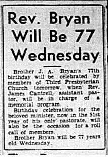 Rev. Bryan Will Be 77 Wednesday